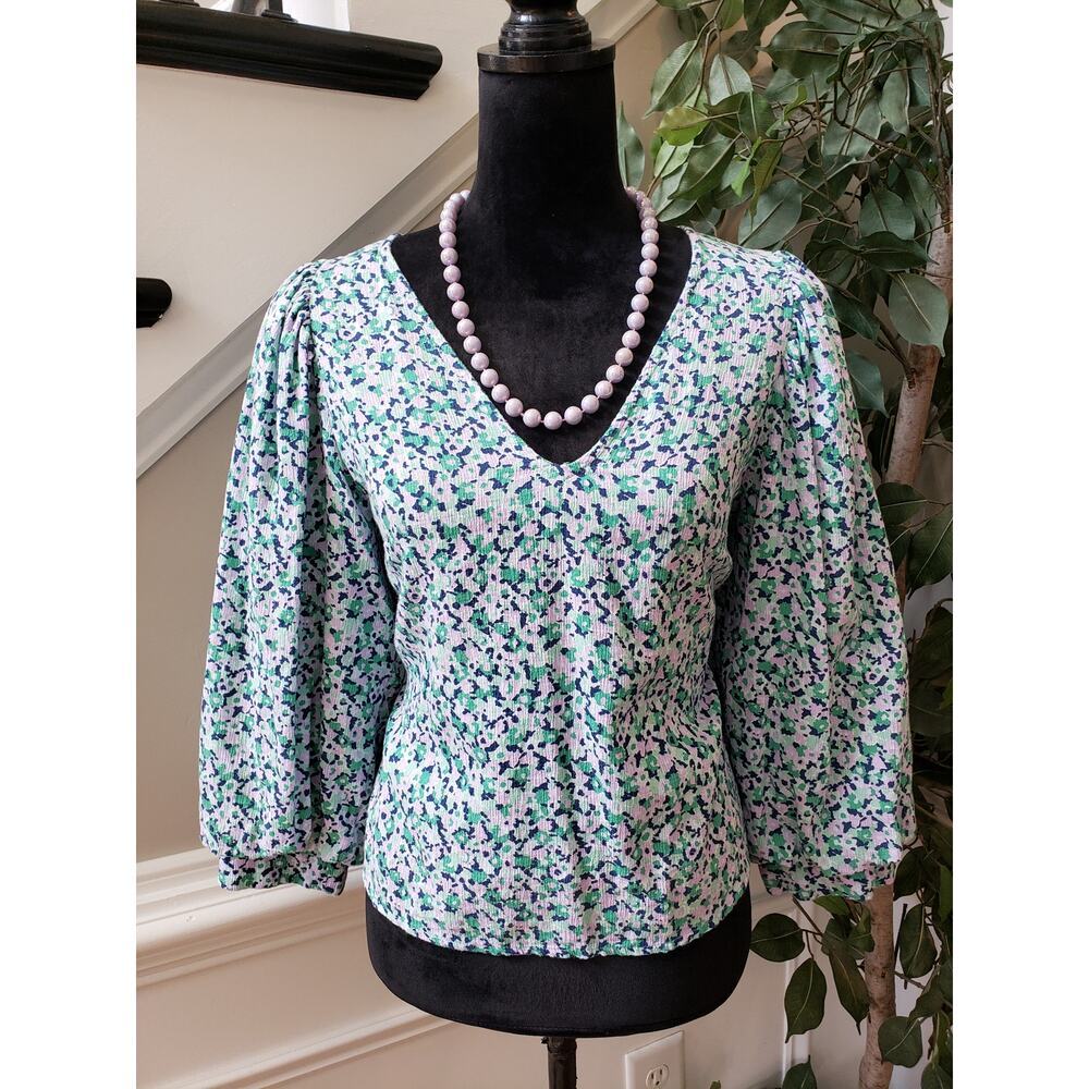 A New Day Top Blouse Womens Medium White Ditsy Floral Balloon Sleeve V Neck
